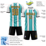 Custom White Old Gold Teal-Black Gradient Vertical Stripe Argentina Style Sublimation Soccer Uniform Jersey