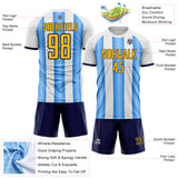 Custom White Gold Powder Blue-Navy Gradient Vertical Stripe Argentina Style Sublimation Soccer Uniform Jersey