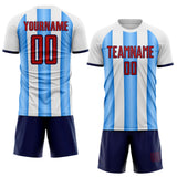 Custom White Red Powder Blue-Navy Gradient Vertical Stripe Argentina Style Sublimation Soccer Uniform Jersey