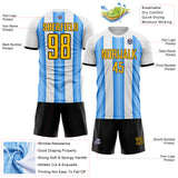 Custom White Gold Powder Blue-Black Gradient Vertical Stripe Argentina Style Sublimation Soccer Uniform Jersey