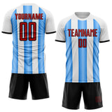 Custom White Red Powder Blue-Black Gradient Vertical Stripe Argentina Style Sublimation Soccer Uniform Jersey