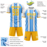 Custom White Gold-Powder Blue Gradient Vertical Stripe Argentina Style Sublimation Soccer Uniform Jersey