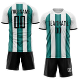 Custom White Black-Midnight Green Gradient Vertical Stripe Argentina Style Sublimation Soccer Uniform Jersey