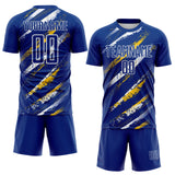 Custom Royal Yellow-White Paint Brush Stroke Colombia Sublimation Soccer Uniform Jersey