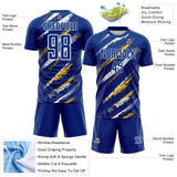 Custom Royal Yellow-White Paint Brush Stroke Colombia Sublimation Soccer Uniform Jersey