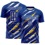 Custom Royal Yellow-White Paint Brush Stroke Colombia Sublimation Soccer Uniform Jersey
