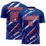 Custom Royal Red-White Paint Brush Stroke Colombia Sublimation Soccer Uniform Jersey