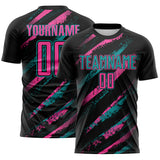 Custom Black Pink-Teal Paint Brush Stroke Colombia Sublimation Soccer Uniform Jersey