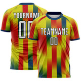 Custom Neon Yellow White Red Green Black-Blue Gradient Stripe Colombia Sublimation Soccer Uniform Jersey