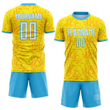 Custom Light Yellow White-Sky Blue Abstract Geometric Colombia Sublimation Soccer Uniform Jersey
