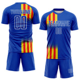 Custom Royal Light Yellow Fire Red-White Vertical Stripe Colombia Sublimation Soccer Uniform Jersey