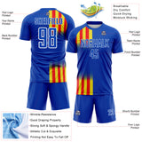 Custom Royal Light Yellow Fire Red-White Vertical Stripe Colombia Sublimation Soccer Uniform Jersey
