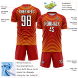 Custom Red White Gold-Black Curved Line Wave Colombia Sublimation Soccer Uniform Jersey