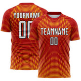 Custom Red White Gold-Black Curved Line Wave Colombia Sublimation Soccer Uniform Jersey