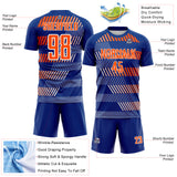 Custom Royal Orange-White Geometric Speed Stripe Colombia Sublimation Soccer Uniform Jersey
