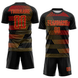 Custom Black Red-Old Gold Geometric Speed Stripe Colombia Sublimation Soccer Uniform Jersey