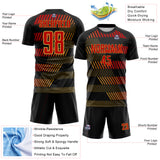 Custom Black Red-Old Gold Geometric Speed Stripe Colombia Sublimation Soccer Uniform Jersey