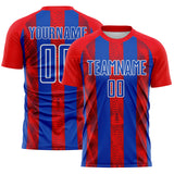 Custom Red Thunder Blue White-Fire Red Vertical Stripe Colombia Sublimation Soccer Uniform Jersey
