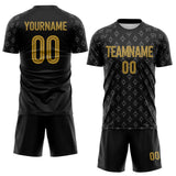 Custom Black Old Gold-White Geometric Sublimation Soccer Uniform Jersey