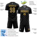 Custom Black Old Gold-White Geometric Sublimation Soccer Uniform Jersey