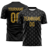 Custom Black Old Gold-White Geometric Sublimation Soccer Uniform Jersey