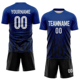 Custom Royal White Black-Navy Diagonal Geometric Line Sublimation Soccer Uniform Jersey