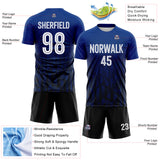 Custom Royal White Black-Navy Diagonal Geometric Line Sublimation Soccer Uniform Jersey
