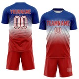 Custom Royal White-Red Gradient V Stripe England Style Sublimation Soccer Uniform Jersey