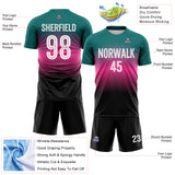 Custom Teal White Pink-Black Gradient V Stripe Sublimation Soccer Uniform Jersey