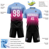 Custom Light Blue White Pink-Black Gradient V Stripe Sublimation Soccer Uniform Jersey