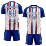 Custom Royal White-Red Vertical Stripe England Style Sublimation Soccer Uniform Jersey