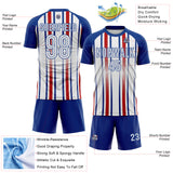 Custom Royal White-Red Vertical Stripe England Style Sublimation Soccer Uniform Jersey