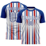 Custom Royal White-Red Vertical Stripe England Style Sublimation Soccer Uniform Jersey