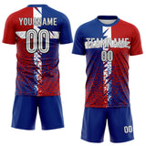 Custom Royal White Red-Black Distressed Splatter England Style Sublimation Soccer Uniform Jersey