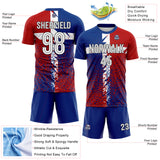 Custom Royal White Red-Black Distressed Splatter England Style Sublimation Soccer Uniform Jersey