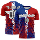 Custom Royal White Red-Black Distressed Splatter England Style Sublimation Soccer Uniform Jersey