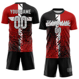 Custom Black White-Red Distressed Splatter Sublimation Soccer Uniform Jersey