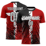 Custom Black White-Red Distressed Splatter Sublimation Soccer Uniform Jersey
