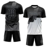 Custom Black Gray-White Geometric Diagonal Block Halftone Grid Sublimation Soccer Uniform Jersey