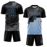 Custom Black Gray-Light Blue Geometric Diagonal Block Halftone Grid Sublimation Soccer Uniform Jersey