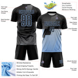 Custom Black Gray-Light Blue Geometric Diagonal Block Halftone Grid Sublimation Soccer Uniform Jersey