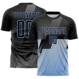 Custom Black Gray-Light Blue Geometric Diagonal Block Halftone Grid Sublimation Soccer Uniform Jersey