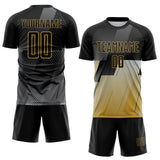 Custom Black Gray-Old Gold Geometric Diagonal Block Halftone Grid Sublimation Soccer Uniform Jersey