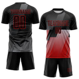 Custom Black Gray-Red Geometric Diagonal Block Halftone Grid Sublimation Soccer Uniform Jersey