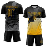 Custom Black Gray-Gold Geometric Diagonal Block Halftone Grid Sublimation Soccer Uniform Jersey