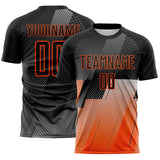 Custom Black Gray-Orange Geometric Diagonal Block Halftone Grid Sublimation Soccer Uniform Jersey