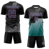 Custom Black Teal Gray-Pink Geometric Diagonal Block Halftone Grid Sublimation Soccer Uniform Jersey
