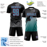Custom Black Teal Gray-Pink Geometric Diagonal Block Halftone Grid Sublimation Soccer Uniform Jersey