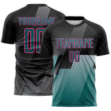 Custom Black Teal Gray-Pink Geometric Diagonal Block Halftone Grid Sublimation Soccer Uniform Jersey