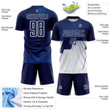 Custom Navy Blue-White Geometric Diagonal Block Halftone Grid Sublimation Soccer Uniform Jersey